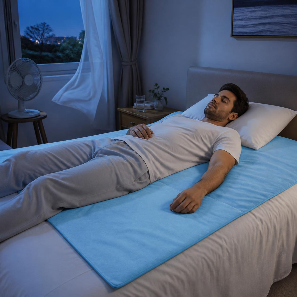 Man asleep on a light blue towel laid over his bed on a warm night