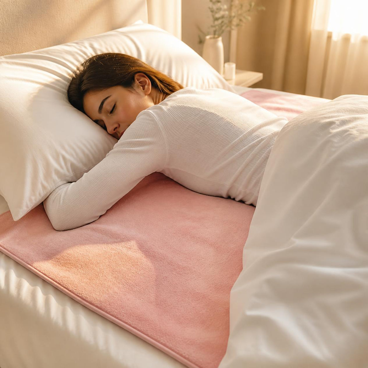 Woman asleep on a pink sleep towel in soft morning light