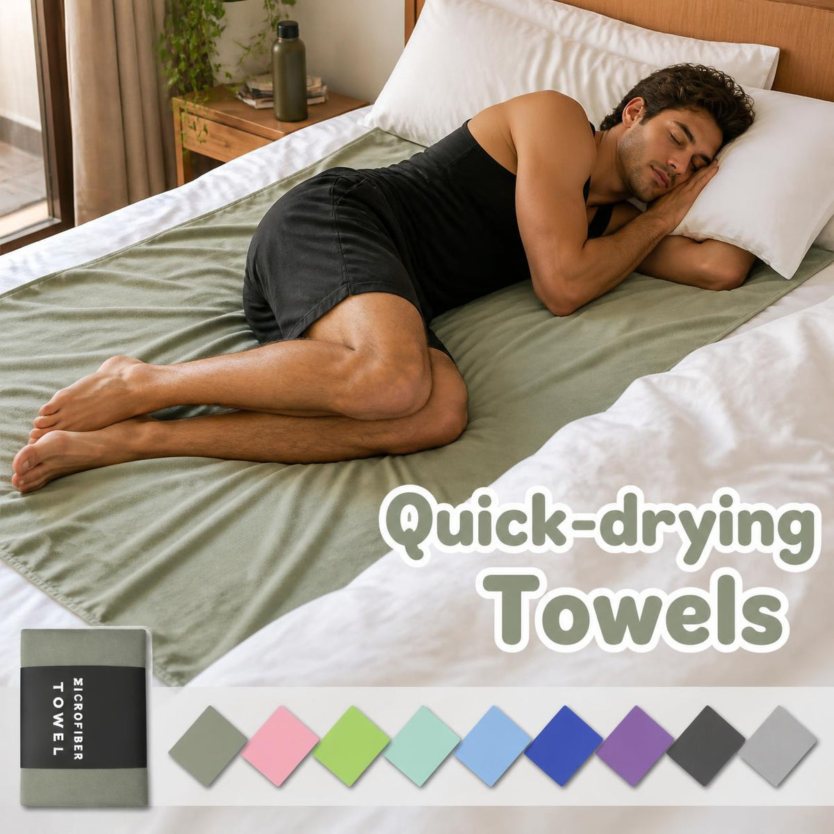 Man asleep on a sage green microfiber towel on his bed, with the available towel colors shown below